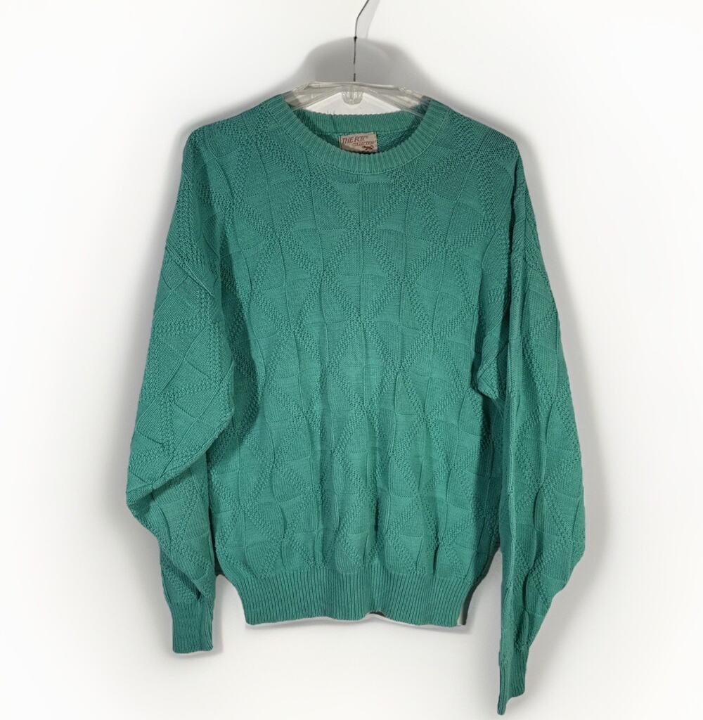 Vintage The Fox Collection Mens L Green Cotton Knit Sweater 80s Preppy Pullover